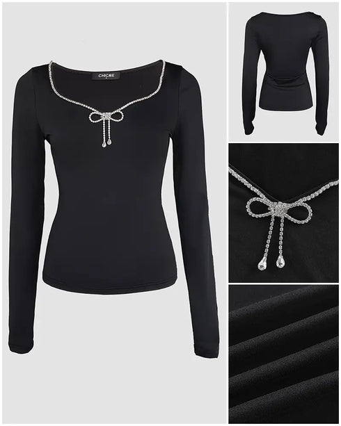 Metal Ring Decor Round Neck Hollow-out Long Sleeve Top Slim Fit Stretchy Layering Top with Thumb Hole Cuffs black