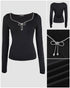 Rhinestone Decor Sweetheart Neck Long Sleeve Slim Fit Tee Bowknot Decor Casual Top with Thumb Hole Cuffs black