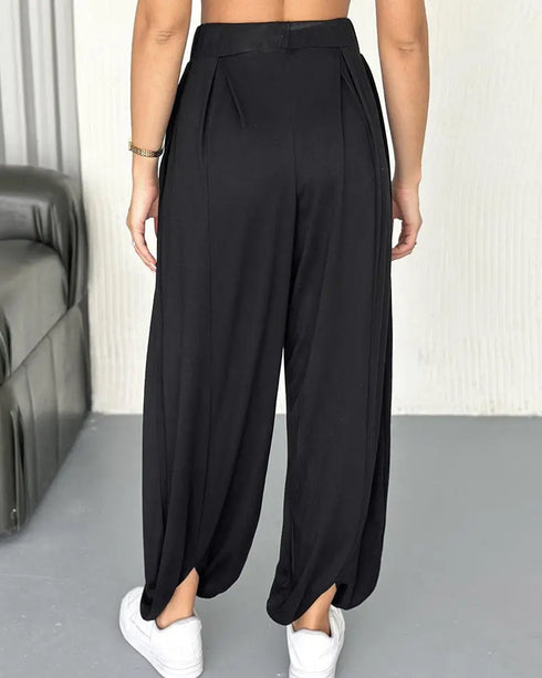 High Waist Elastic Dtrawstring Cuffed Pants Casual Loose Fit Ruched Pants black