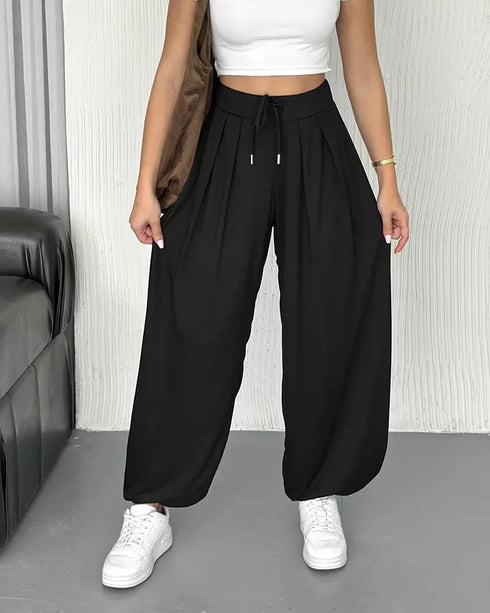 High Waist Elastic Dtrawstring Cuffed Pants Casual Loose Fit Ruched Pants black