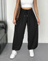 High Waist Elastic Dtrawstring Cuffed Pants Casual Loose Fit Ruched Pants black