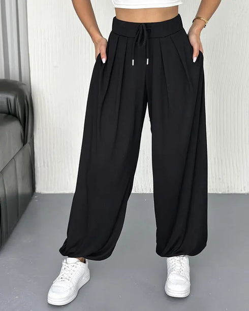 High Waist Elastic Dtrawstring Cuffed Pants Casual Loose Fit Ruched Pants black