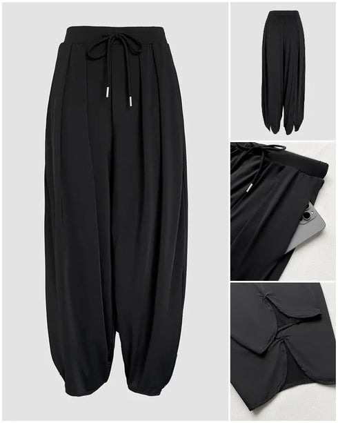 High Waist Elastic Dtrawstring Cuffed Pants Casual Loose Fit Ruched Pants black