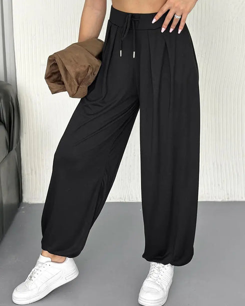 High Waist Elastic Dtrawstring Cuffed Pants Casual Loose Fit Ruched Pants black