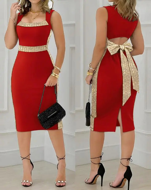 Pearls Decor Thick Strap Backless Slit Back Tank Dress Zipper Back Bodycon Dress With Belt red