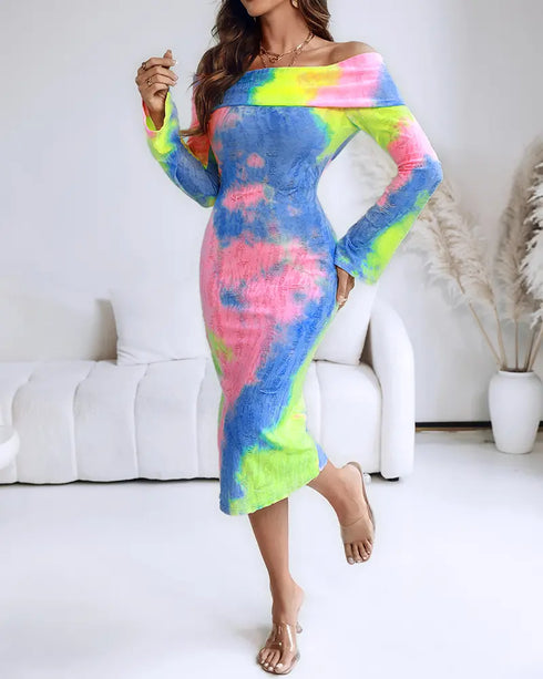 Tie Dye Print Foldover Off Shoulder Long Sleeve Textured Bodycon Dress Casual Ripped Detail High Strech Vacation Dress yellow