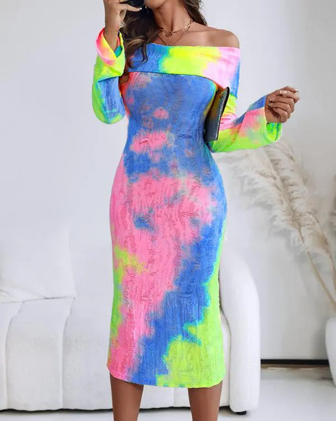 Off Shoulder Long Sleeve Hollow Out Knit Dress Casual Slim Fit Midi Sweater Dress yellow