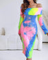 Tie Dye Print Foldover Off Shoulder Long Sleeve Textured Bodycon Dress Casual Ripped Detail High Strech Vacation Dress yellow
