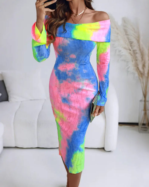 Off Shoulder Long Sleeve Hollow Out Knit Dress Casual Slim Fit Midi Sweater Dress yellow