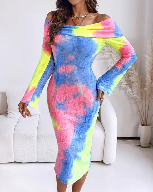 Off Shoulder Long Sleeve Hollow Out Knit Dress Casual Slim Fit Midi Sweater Dress yellow