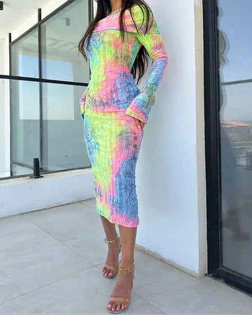 Tie Dye Print Foldover Off Shoulder Long Sleeve Textured Bodycon Dress Casual Ripped Detail High Strech Vacation Dress yellow