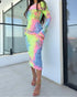 Tie Dye Print Foldover Off Shoulder Long Sleeve Textured Bodycon Dress Casual Ripped Detail High Strech Vacation Dress yellow