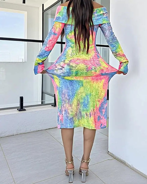 Tie Dye Print Foldover Off Shoulder Long Sleeve Textured Bodycon Dress Casual Ripped Detail High Strech Vacation Dress yellow