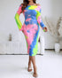 Tie Dye Print Foldover Off Shoulder Long Sleeve Textured Bodycon Dress Casual Ripped Detail High Strech Vacation Dress yellow