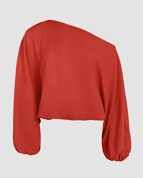 Skew Neck Lantern Sleeve Loose Top & Zipper Fly Wide Leg Pants Set without Belt red