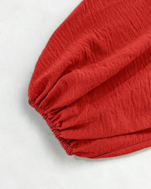 Skew Neck Lantern Sleeve Loose Top & Zipper Fly Wide Leg Pants Set without Belt red