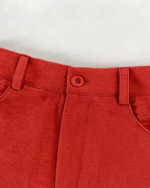 Skew Neck Lantern Sleeve Loose Top & Zipper Fly Wide Leg Pants Set without Belt red