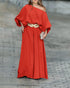 Skew Neck Lantern Sleeve Loose Top & Zipper Fly Wide Leg Pants Set without Belt red