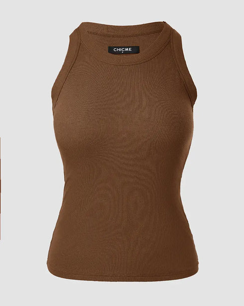 ChicMe Built-in Bra Ribbed Round Neck Tank Top coffee