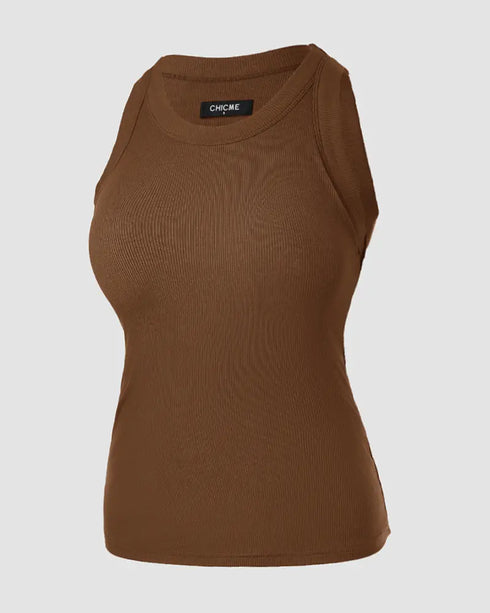 ChicMe Built-in Bra Ribbed Round Neck Tank Top coffee