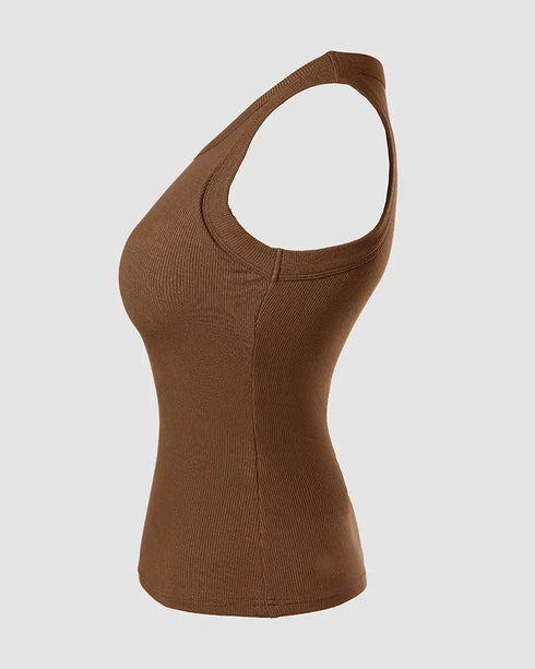 ChicMe Built-in Bra Ribbed Round Neck Tank Top coffee