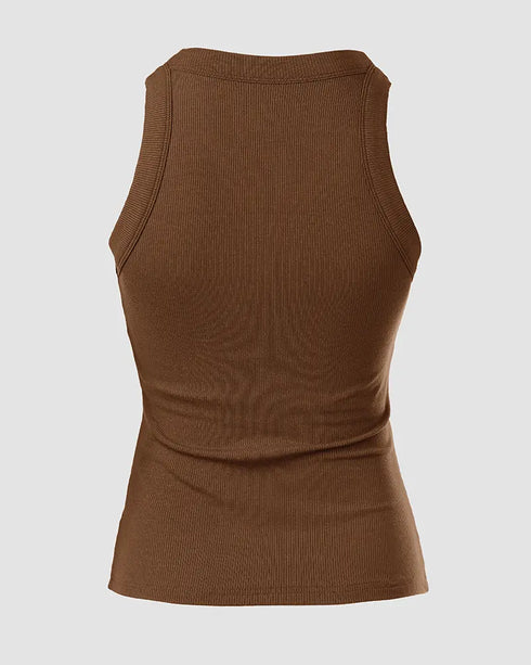ChicMe Built-in Bra Ribbed Round Neck Tank Top coffee