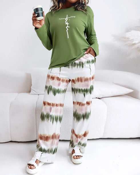 2 Pieces Outfit Letter Placement Print Long Sleeve Drop Shoulder Top and Ombre Loose Fit Pants Set Casual Pajamas Set green