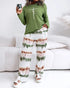 Floral Butterfly Print Round Neck Long Sleeve Top and Causal Pants Set with Pocket green