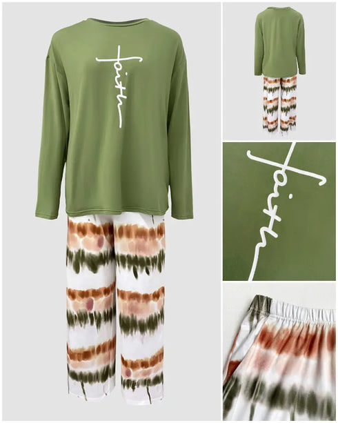 2 Pieces Outfit Pumpkin & Bowknot Print Long Sleeve Drop Shoulder Top and Striped & Halloween Print Elastic Waist Pants Set Casual Pajamas Set green