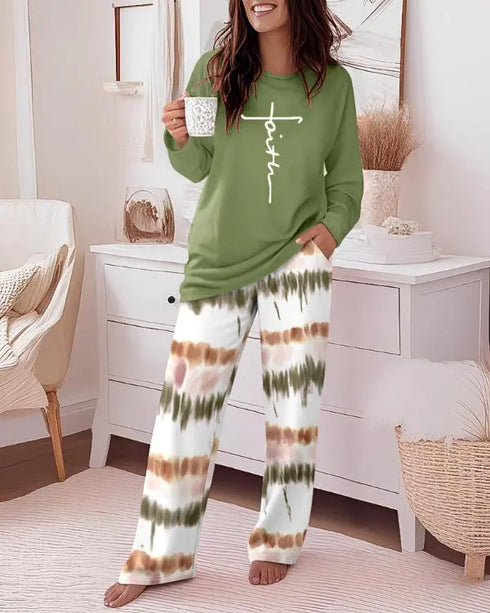 2 Pieces Outfit Pumpkin & Bowknot Print Long Sleeve Drop Shoulder Top and Striped & Halloween Print Elastic Waist Pants Set Casual Pajamas Set green