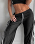 Contrast Side Striped & Zipper Slit Side Drawstring Elastic Waist Trousers Casual Wide Leg Pants black