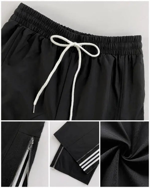 Contrast Side Striped & Zipper Slit Side Drawstring Elastic Waist Trousers Casual Wide Leg Pants black