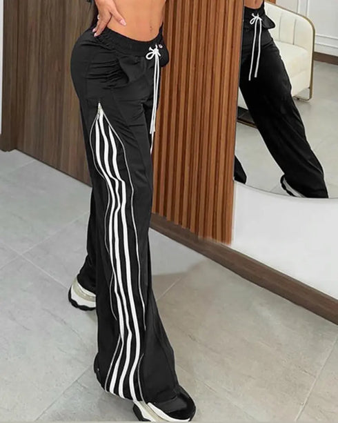 Contrast Side Striped & Zipper Slit Side Drawstring Elastic Waist Trousers Casual Wide Leg Pants black