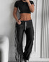 Contrast Side Striped & Zipper Slit Side Drawstring Elastic Waist Trousers Casual Wide Leg Pants black