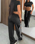 Contrast Side Striped & Zipper Slit Side Drawstring Elastic Waist Trousers Casual Wide Leg Pants black