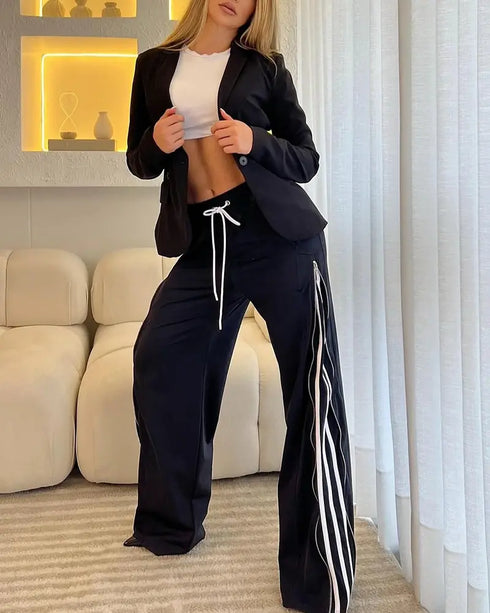 Contrast Side Striped & Zipper Slit Side Drawstring Elastic Waist Trousers Casual Wide Leg Pants black