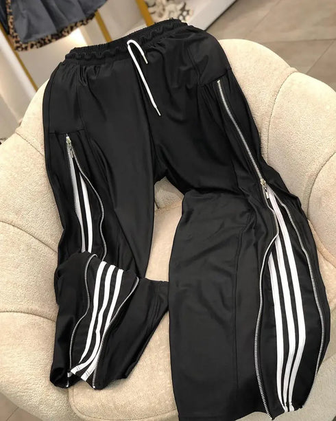 Contrast Side Striped & Zipper Slit Side Drawstring Elastic Waist Trousers Casual Wide Leg Pants black