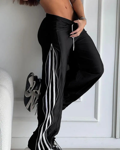 Contrast Side Striped & Zipper Slit Side Drawstring Elastic Waist Trousers Casual Wide Leg Pants black