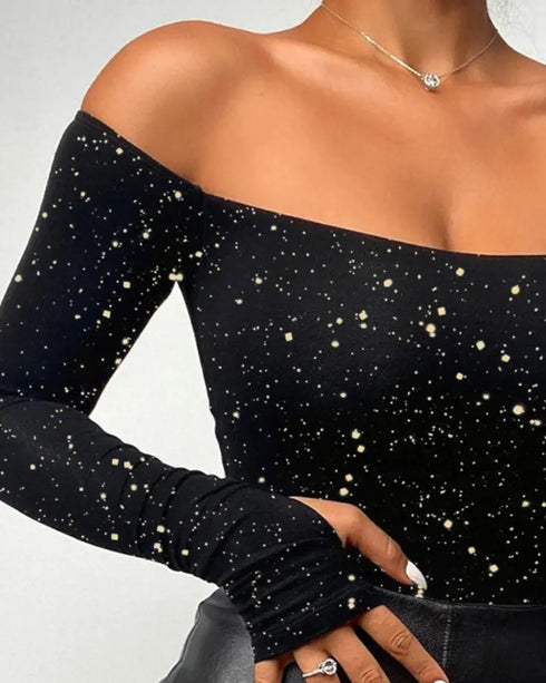 Rhinestone Decor Sweetheart Neck Long Sleeve Slim Fit Tee Bowknot Decor Casual Top with Thumb Hole Cuffs black