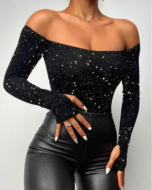Bronzing Dot Off Shoulder Slim Fitted Top Long Sleeve Shirt Tee black
