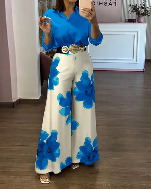 2 Pieces Outfit Long Sleeve Satin Blouse and Casual Floral Print High Waist Wide Leg Pants Set blue