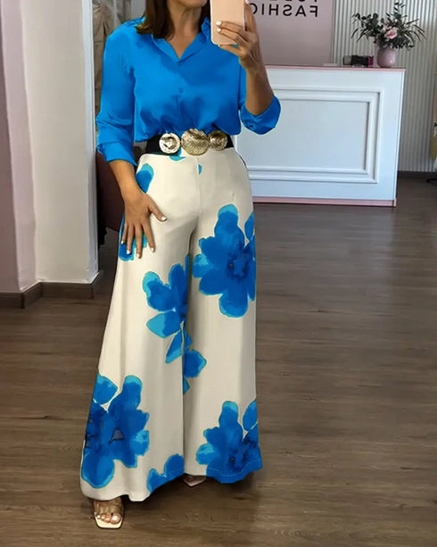 2 Pieces Outfit Long Sleeve Satin Blouse and Casual Floral Print High Waist Wide Leg Pants Set blue