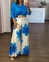 2 Pieces Outfit Long Sleeve Satin Blouse and Casual Floral Print High Waist Wide Leg Pants Set blue