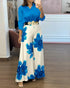 2 Pieces Outfit Long Sleeve Satin Blouse and Casual Floral Print High Waist Wide Leg Pants Set blue