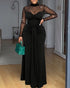 Rhinestone Decor Mock Neck Mesh Yoke Zipper Back Party Dress Cinched Waist Draped Mermaid Hem Maxi Evening Dress black