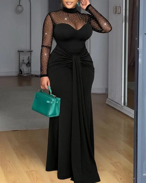 Rhinestone Decor Mock Neck Mesh Yoke Zipper Back Party Dress Cinched Waist Draped Mermaid Hem Maxi Evening Dress black