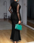 Rhinestone Decor Mock Neck Mesh Yoke Zipper Back Party Dress Cinched Waist Draped Mermaid Hem Maxi Evening Dress black