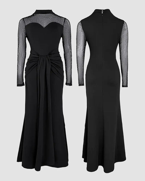 Rhinestone Decor Mock Neck Mesh Yoke Zipper Back Party Dress Cinched Waist Draped Mermaid Hem Maxi Evening Dress black