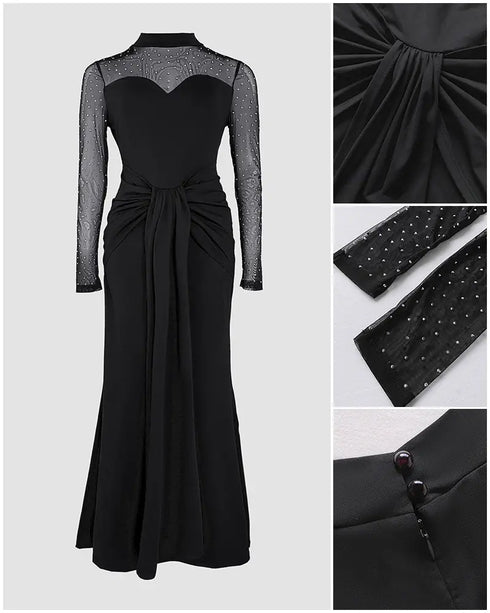 Rhinestone Decor Mock Neck Mesh Yoke Zipper Back Party Dress Cinched Waist Draped Mermaid Hem Maxi Evening Dress black