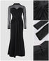 Rhinestone Decor Mock Neck Mesh Yoke Zipper Back Party Dress Cinched Waist Draped Mermaid Hem Maxi Evening Dress black